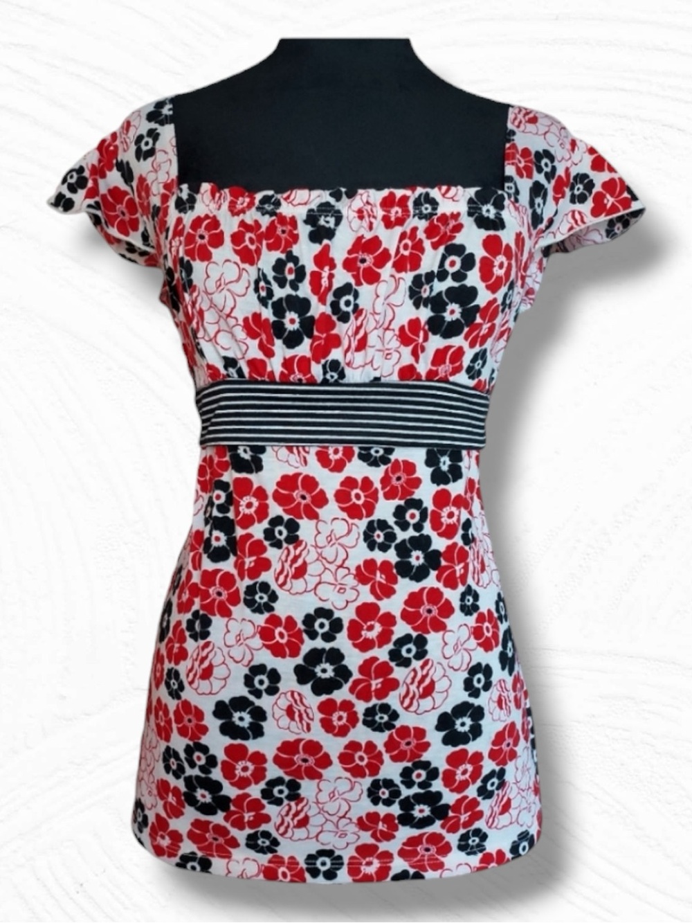 L8TER Top White Black Red Babydoll Y2K Floral Stripe Tie Back Indie Sleaze M